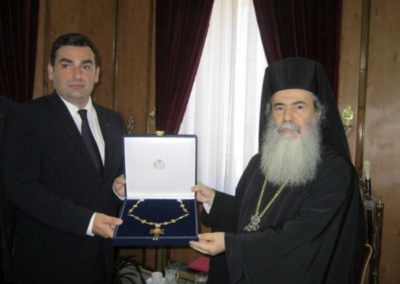 The Patriarch of the Holy City of jerusalem and all Palestine ,Syria, Arabia , Beyond The Jordan River , Cana of Galille , and Holy zion K.K. Theophilus III ,Invested Knight Grand Collar Eagle of Georgia by the Grand Master H.R.H. The Crown Prince Davit of Georgia , in Jerusalem