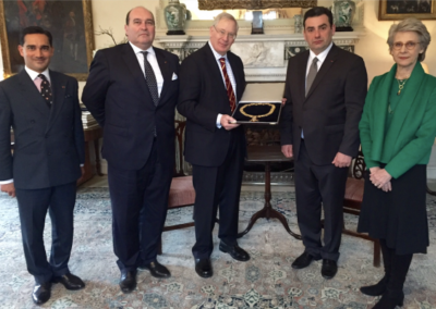 Her Majesty Queen Elizabeth II of the United Kingdom was presented with the Grand Collar of the Order of the Eagle of Georgia and the Seamless Tunic of Our Lord Jesus Christ.
Their Royal Highness The Duke and Duchess of Gloucester received His Royal Highness The Crown Prince Davit of Georgia